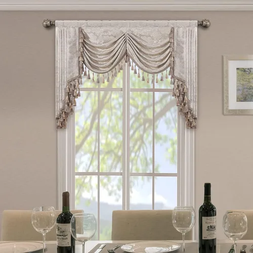 Vista 9 de Loom and Mill Cenefa de cascada de lujo de jacquard para sala de estar, elegantes cenefas de ventana con festones y cuentas damascadas, cortinas