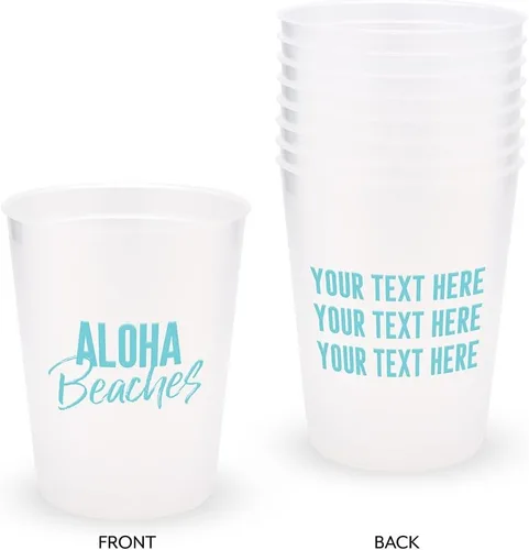 Vista 2 de WEDDINGSTAR Vasos personalizados de plástico esmerilado para fiestas, Aloha Beaches - Juego de 8