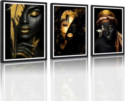 Vista 7 de MAMAGO Lienzo decorativo para pared, pintura de belleza dorada y negra, fotos de mujeres africanas, hermosos pósteres de mujer negra, impresiones
