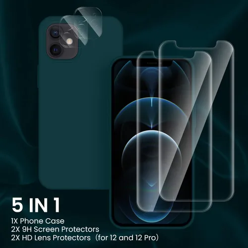 Vista 3 de Cordking [5 en 1] - Funda de silicona a prueba de golpes con forro de microfibra diseñada para iPhone 12 / 12 Pro, con 2 protectores de pantalla + 2