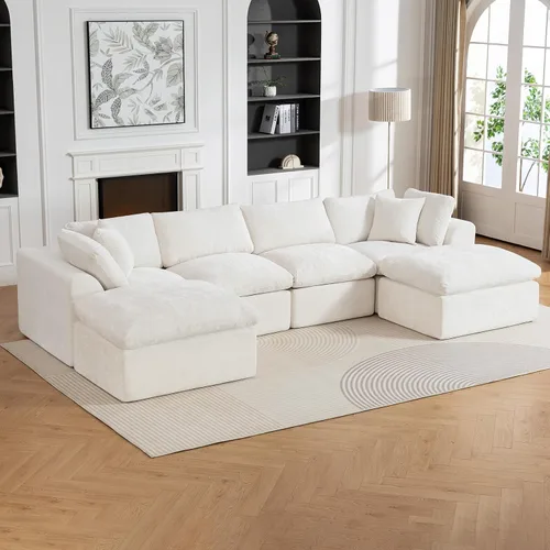 Vista 9 de Sofás de nube beige para sala de estar, sofá deshuesado de 3 plazas, sofá modular seccional, no requiere montaje, tapizado de chenilla, moderno