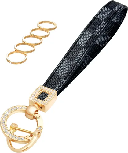 Vista 20 de Llavero de muñeca de cuero OHKYOOT, llavero de muñeca para automóvil con 5 llaveros y anillo anti-pérdida Negro