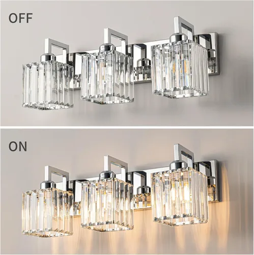 Vista 4 de Moderna lámpara de cristal para pared/tocador de baño, de 3 luces, color cromo Cromo torcido