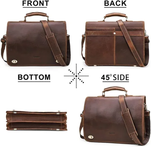 Vista 7 de CONTACTS Bolsa de mensajero para hombre, grande, de 15.4 pulgadas, maletín de cuero de caballo loco, bolsa para laptop, bolso cruzado vintage