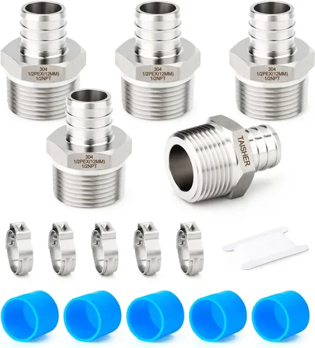 Vista 18 de 5 accesorios Pex de acero inoxidable 304, 1/2 pulgada Pex x 1/2 pulgada NPT hembra, 1/2 pulgadas Pex montaje con 5 abrazaderas de manguera