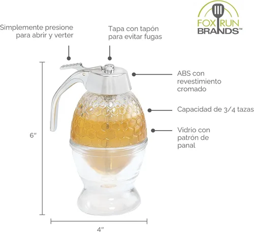 Vista 3 de Fox Run Dispensador de Vidrio para Miel y Jarabe con Base de Calentamiento, Transparente, 3.25 x 4 x 6 pulgadas