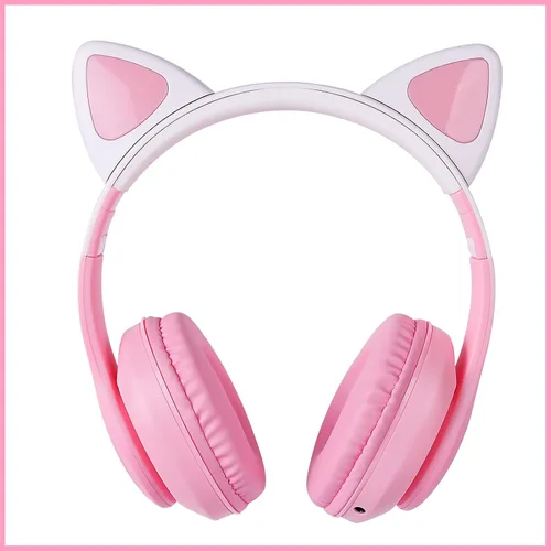 Vista 5 de Auriculares Bluetooth de orejas de gato para niñas, niños y adolescentes, luz LED, modo inalámbrico/con cable, auriculares estéreo plegables