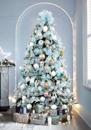 Vista 6 de HUIHUANG Cinta con alambre con purpurina de copo de nieve, cinta de copo de nieve azul y blanca para árbol de Navidad, 2-1/2 pulgadas x 25 yardas