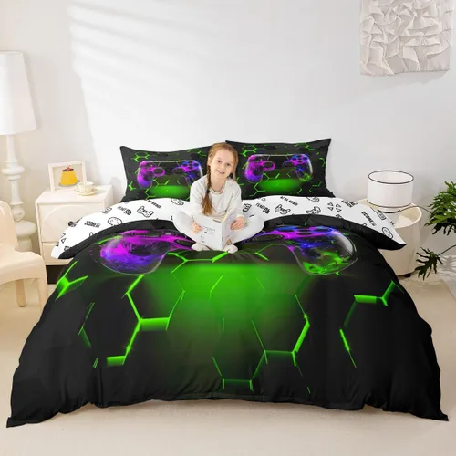 Vista 29 de Juego de funda de edredón con diseño de videojuegos para niños, tamaño individual, negro y azul a cuadros, juego de ropa de cama moderna
