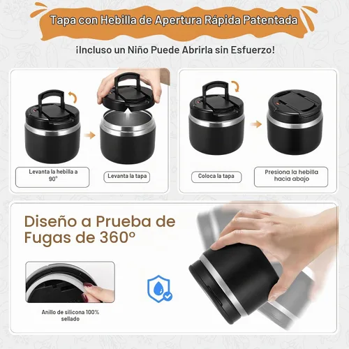 Vista 3 de MAXSO Tarro de comida aislado al vacío de 14 onzas con tapa de hebilla de cuchara, termo de sopa para niños para comida caliente, boca ancha, Negro