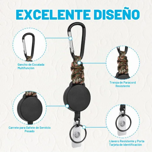 Vista 3 de AOMIG Paquete de 3 llaveros retráctiles, carrete retráctil resistente con cable de acero y mosquetón (hebilla plana en forma de D)