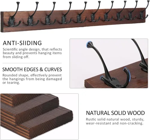 Vista 5 de IBosins Perchero de pared de 34'' con 10 ganchos tri-decorativos, colgador de abrigos de madera resistente, barra de ganchos rústicos para entrada