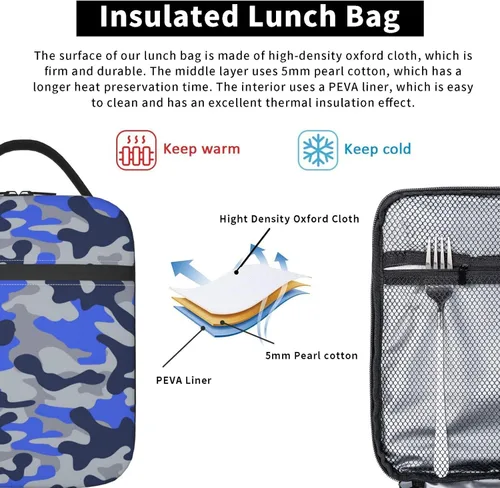 Vista 5 de Bolsas de almuerzo aisladas de camuflaje azul para hombres, mujeres, niños y niñas, lonchera reutilizable para el trabajo, oficina, viajes, caja