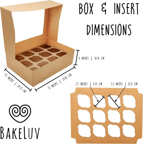 Vista 3 de BAKELUV 12 cajas de magdalenas marrones, recipientes para cupcakes 13x9.5x4, paquete de 50