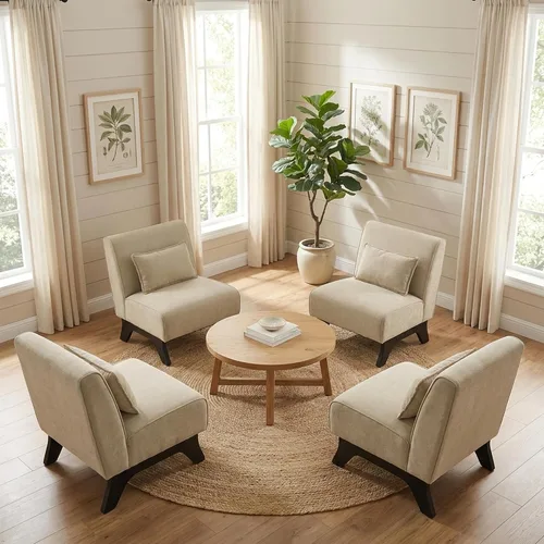 Vista 17 de Silla de acento tapizada sin brazos, sillas modernas y cómodas para sala de estar con patas de madera y almohadas, sofá cama lateral para dormitorio