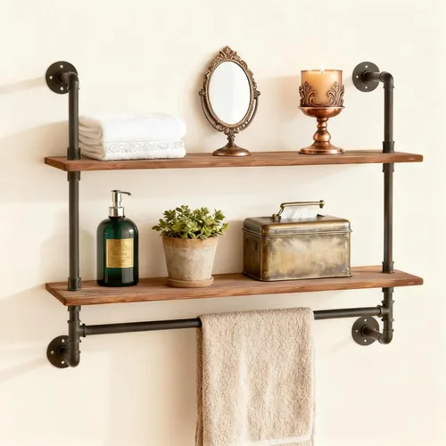 Vista 19 de ROGMARS - Estantería industrial de tuberías para baño, estantes flotantes negros de 24 pulgadas para baño con toallero y ganchos, estantes montados