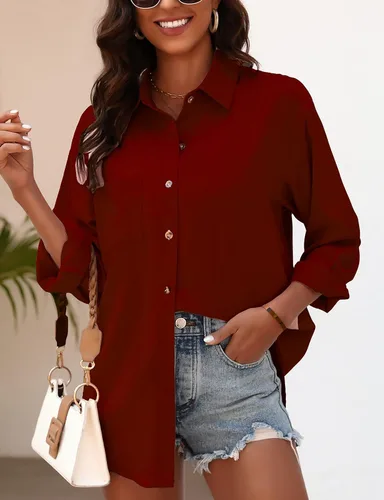 Vista 4 de KYLELOVE Camisas de manga larga con cuello abotonado para mujer, blusas casuales de gran tamaño con bolsillo
