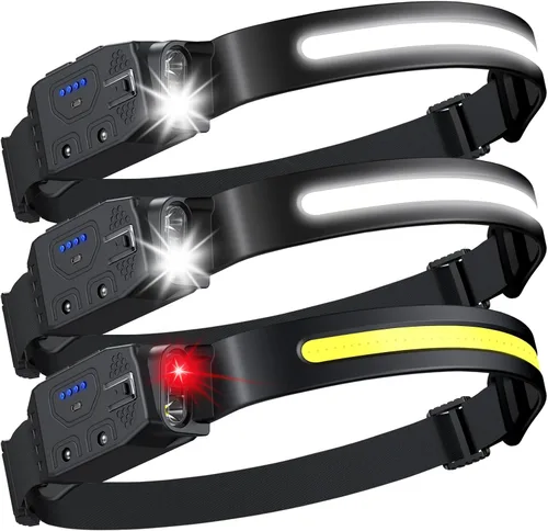 Vista 8 de LHKNL Linterna frontal recargable, 2 unidades, luz LED de haz ancho de 230° con luz blanca y roja, luz de casco duro de larga duración, sensor