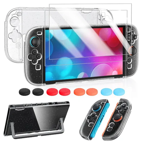 Vista 6 de FYOUNG Protective Case for Switch, Slim Hard Shell for Switch Accessories, Scratch&Shock Protection Cover with Screen Protector, 8 Thumb Grip(Clear