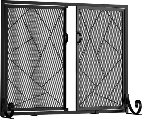 Vista 5 de Fire Beauty Pantalla de chimenea con puertas con bisagras Borde de hierro fundido, marco de acero resistente, malla metálica duradera, protector