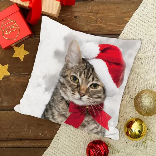 Vista 2 de SPXUBZ - Funda de almohadón navideño con gato de vacaciones de invierno con gorro rojo de Santa, funda cuadrada para sofá, cama, silla o sofá cama