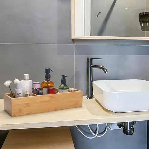 Vista 5 de Cesta de baño de bambú, cesta de madera para tanque de inodoro, caja de almacenamiento de madera con 3 compartimentos para organizador de baño
