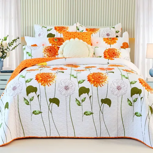 Vista 4 de EVENHUG Juego de Colcha de Algodón 100% Tamaño Twin Naranja Girasol Juego de Ropa de Cama Floral Colcha Ligera Reversible Cubrecama con 1 Funda
