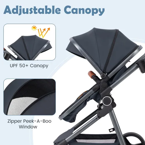 Vista 5 de INFANS Cochecito de bebé 2 en 1, plegable de alta absorción de impactos con asiento reversible, cuna convertible para recién nacido, estructura