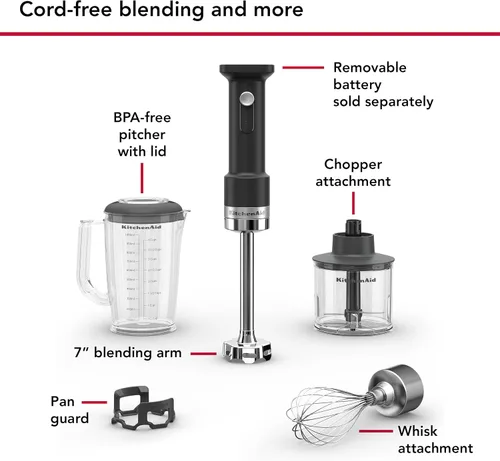 Vista 3 de KitchenAid Batidora de mano inalámbrica Go con accesorios: la batería se vende por separado, KHBRV05, negro mate