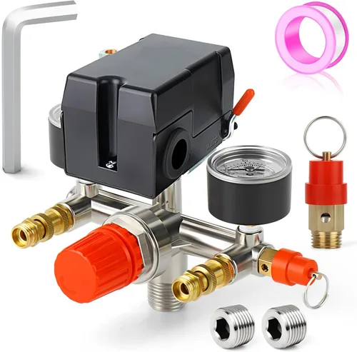 Vista 9 de MEANLIN MEASURE Válvula de control del interruptor de presión del compresor de aire 90-120 PSI 110V-240V Piezas de repuesto con manómetro de presión