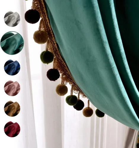 Vista 4 de Melodieux Pom Poms - Cortinas de terciopelo opacas con dobladillo para cortinero para dormitorio y sala de estar, cortinas con aislamiento térmico