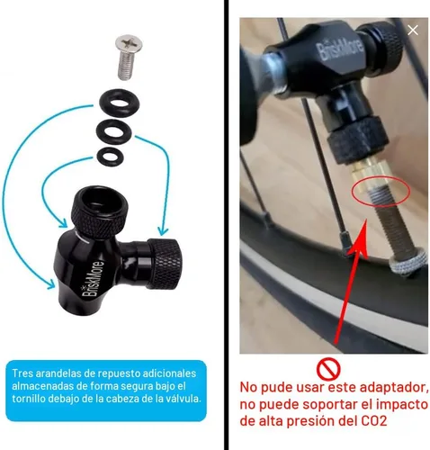 Vista 5 de Kits de Inflador CO2 BriskMore con Cartuchos de CO2 de 9X16g o 5 X 16g, Compatible con Válvulas Presta y Schrader, Bomba de CO2 para Neumáticos
