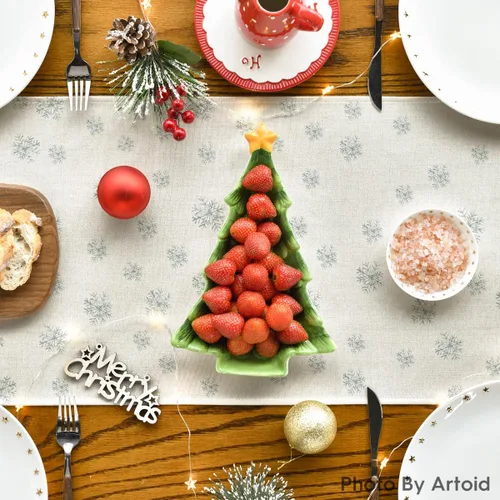Vista 4 de Artoid Mode - Camino de mesa beige con diseño de árbol de pino y copos de nieve, «Feliz Navidad», decoración de mesa de comedor para fiestas