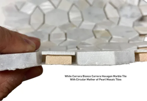Vista 5 de Carrara Waterjet mármol con mezcla de círculos de palas de nácar azulejos en hoja de mosaico (1 hoja)