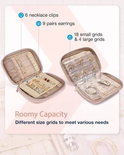 Vista 2 de BAGSMART Estuche organizador de viaje de joyería para el hogar, organizador de joyas, carpetas de anillos, bolsas de joyería, rollos de joyas