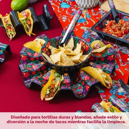 Vista 4 de Prepara Carrusel de tacos del Día de los Muertos, color negro - Soporte duradero para tacos de melamina con capacidad para 10 tacos para diversión
