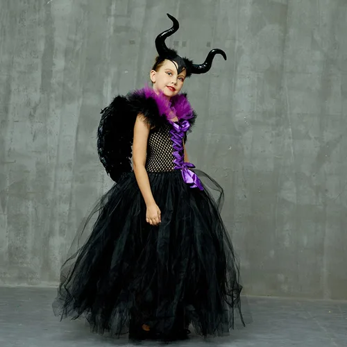 Vista 4 de Disfraz de bruja de Halloween para niñas y niñas, disfraz de disfraz de lujo con alas y cuernos