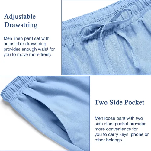 Vista 6 de COOFANDY Conjunto de 2 piezas de lino para hombre, conjunto de camisa y pantalón con botones para la playa