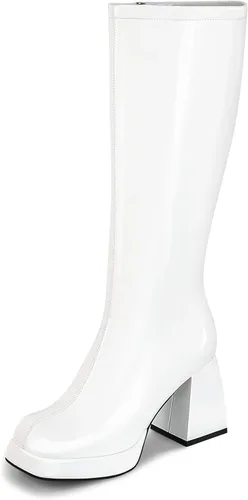 Vista 15 de SOVANYOU Botas de cuero negro Botines de plataforma para mujer Botas de tacón cuadrado con plataforma Botas de tacón grueso con punta cuadrada Botas