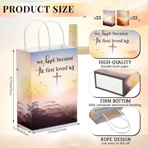 Vista 2 de Zhanmai - 50 bolsas de regalo cristianas a granel, cruz, religioso, versículo bíblico, bolsas de papel inspiradoras con asas para Vbs, fiesta