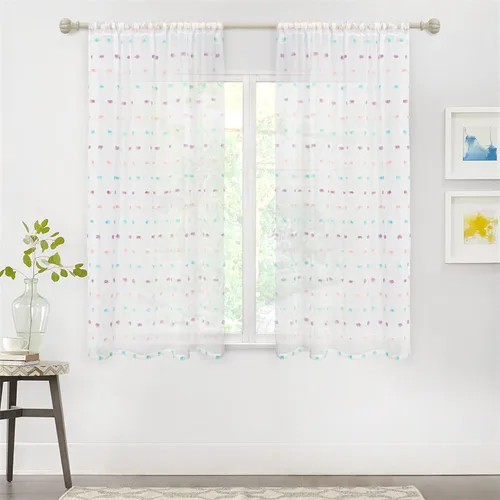 Vista 7 de MYSKY HOME - Cortinas cortas para dormitorio, cortinas transparentes con pompón arcoíris para cocina, baño, 54 pulgadas de largo, cortinas