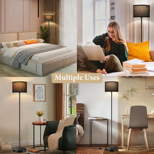 Vista 7 de Lámpara de pie negra de 65 pulgadas para dormitorio, sala de estar, lámpara de pie con pantalla negra, moderna lámpara de pie alta con bombillas E26
