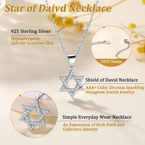 Vista 4 de Suplight Collar de plata de ley 925 con estrella judía de David, acero inoxidable, chapado en oro, mano islámica de corazón de Fátima, collares