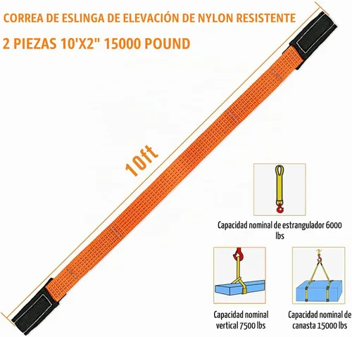 Vista 3 de 2 piezas de 2" x 10 pies de correa de eslinga de elevación de nylon resistente, capacidad de 15000 lb, correa de amarre plana súper resistente