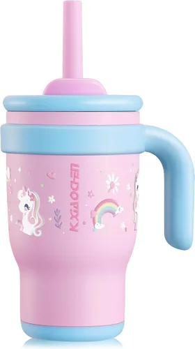 Vista 14 de KXIAOCHEN Vaso para niños de 14 onzas con asa para evitar derrames, vaso aislado reutilizable de acero inoxidable para niños pequeños, mantiene