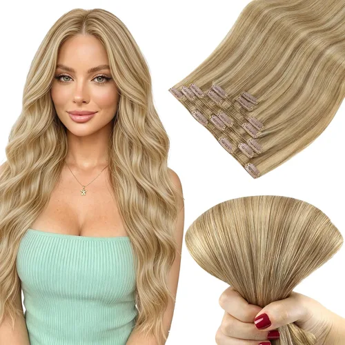 Vista 43 de Ve Sunny Extensiones de cabello clip-in de cabello humano real con reflejos, extensiones de cabello con clip para cabello corto, marrón oscuro