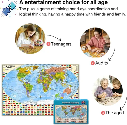Vista 6 de Rompecabezas de mapa político del mundo de 1000 piezas para adultos o adolescentes con 197 países internacionales banderas del mundo rompecabezas