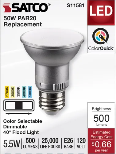 Vista 3 de Satco S11581; LED PAR20 de 5.5 vatios; base media; acabado plateado; CCT seleccionable; 120 voltios; ángulo de haz de 40 grados
