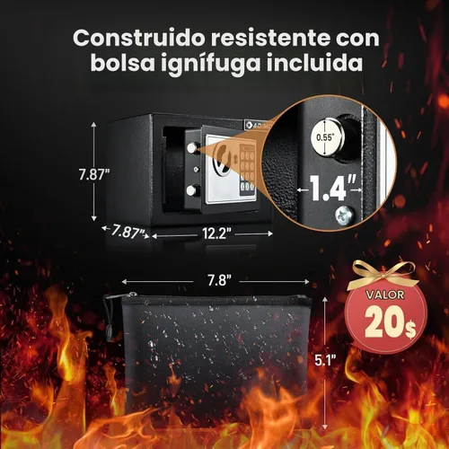 Vista 2 de Caja de seguridad ADIMO para dormitorio universitario con bolsa impermeable e ignífuga, caja fuerte para dinero con llaves, código de acceso y kits