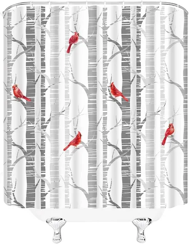 Vista 3 de Cortina de ducha con diseño de pájaro rojo de abedul, bosque gris y blanco, para invierno, 70 pulgadas de ancho x 70 pulgadas de alto